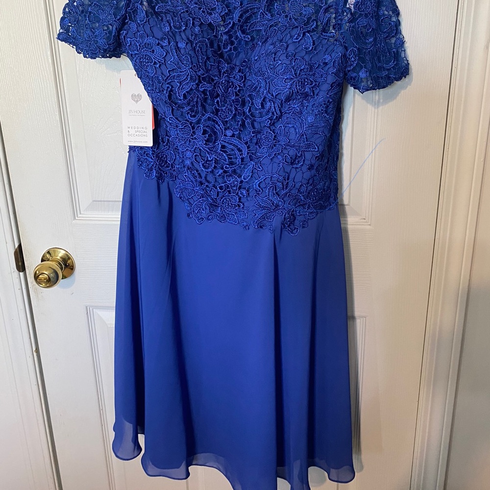 Royal blue lace bodice dress with flowing chiffon bottom
